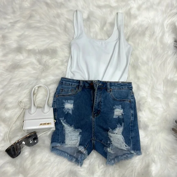 Blue denim destroyed frayed hem shorts - Picture 2 of 7